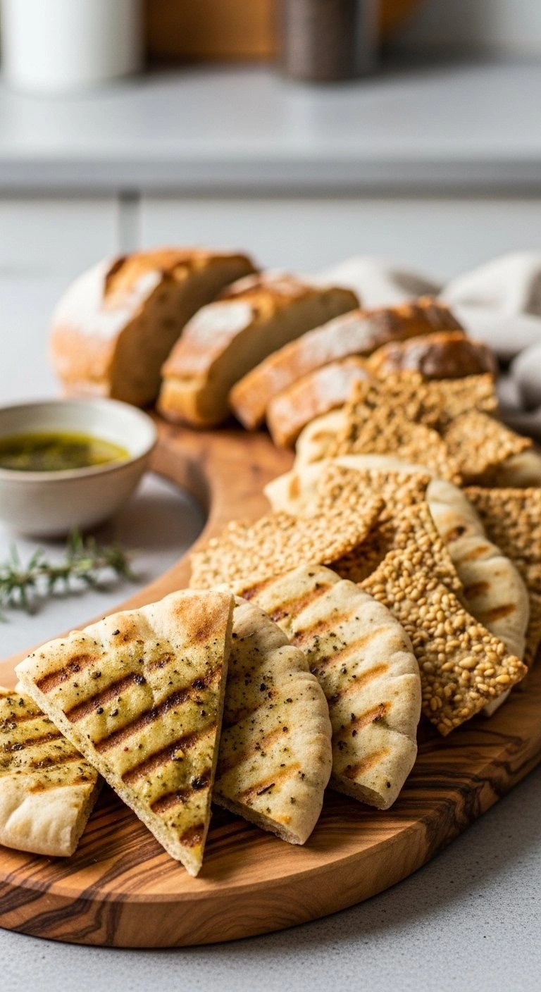 Artisan Bread Board Featuring Toasted Pita Triangles, Sourdough Slices, And Seeded Crackers With Za'atar Seasoning.