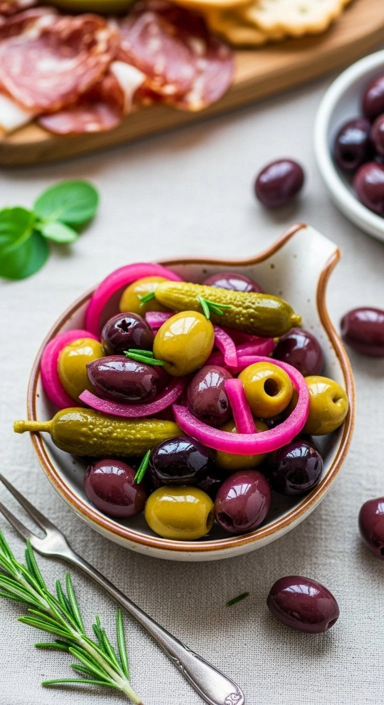 Artisanal Dish Of Marinated Kalamata And Green Olives With Pickled Red Onions And Fresh Rosemary On Linen Fabric.