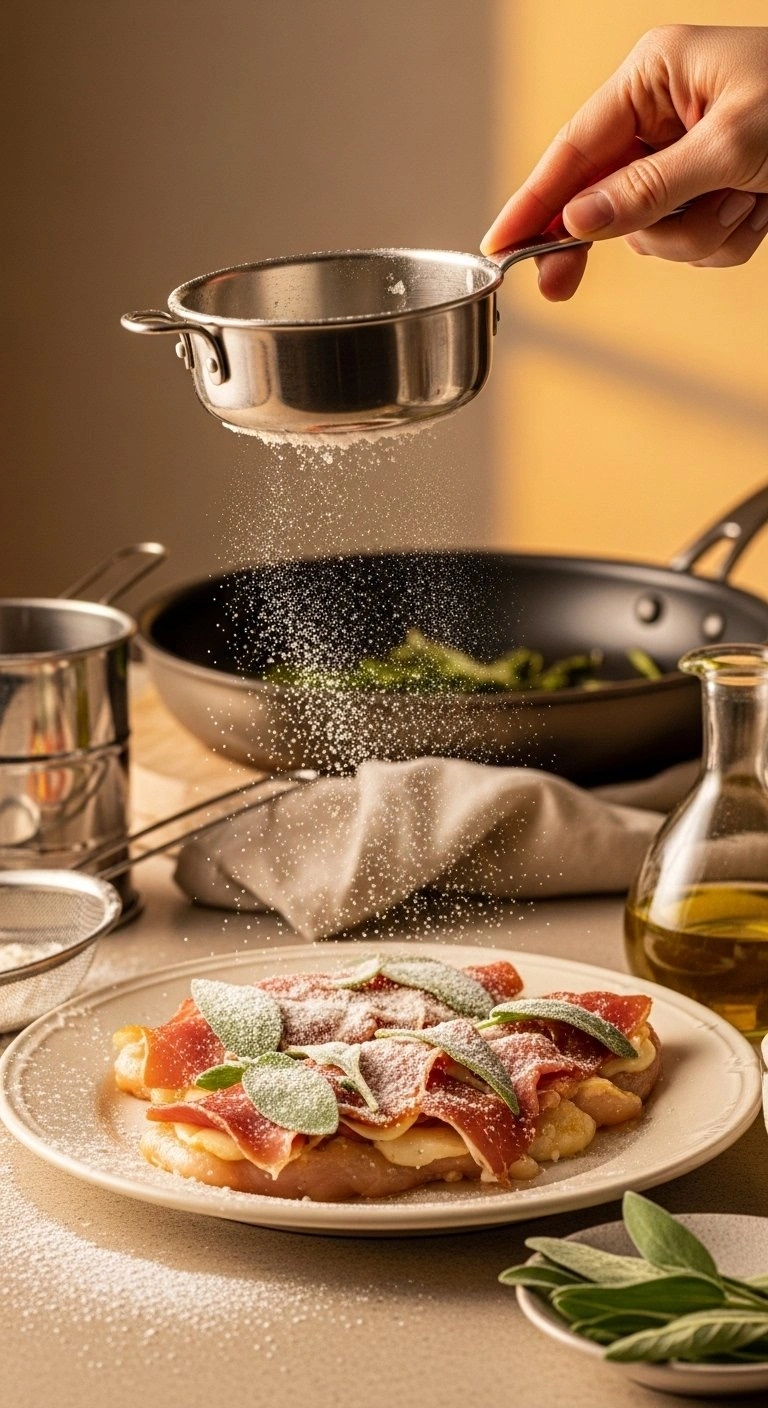 Assembled Chicken Saltimbocca Being Dredged In Finely Milled Flour On A Vintage Plate For Authentic Cooking.