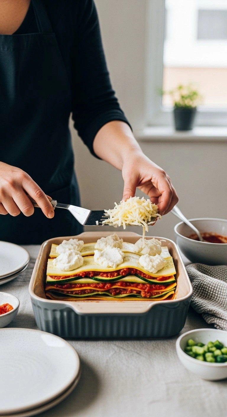 Assembling Layers Of Zucchini Slices, Meat Sauce, And Ricotta Cheese In A White Ceramic Dish For Lasagna.