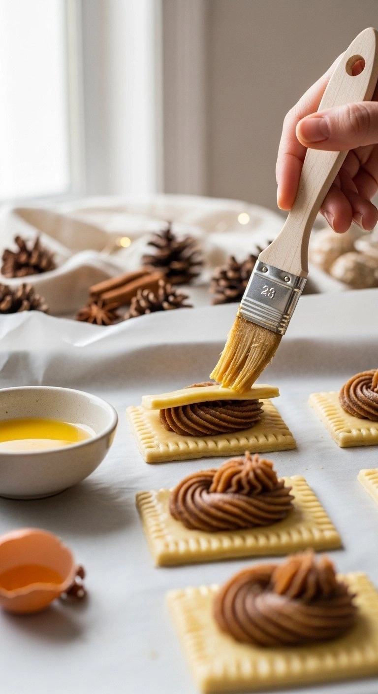 Assembling Pop Tart Cookies By Applying Egg Wash To Dough Bases Filled With Dark Cinnamon Brown Sugar Filling.