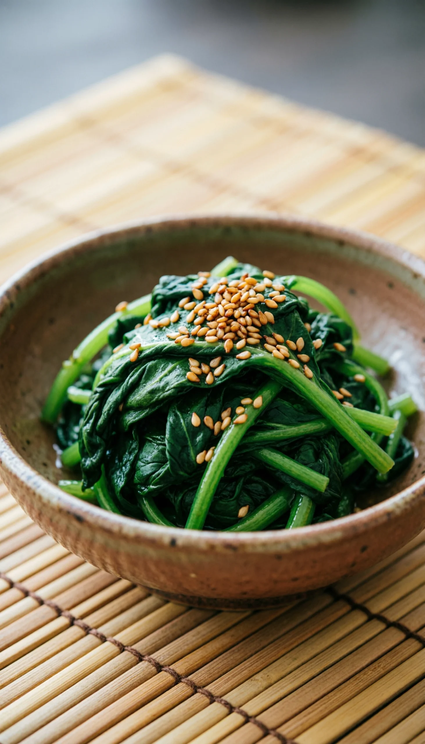 Authentic Korean spinach side dish, Sigeumchi Namul, with blanched spinach and toasted sesame seeds in a ceramic bowl.