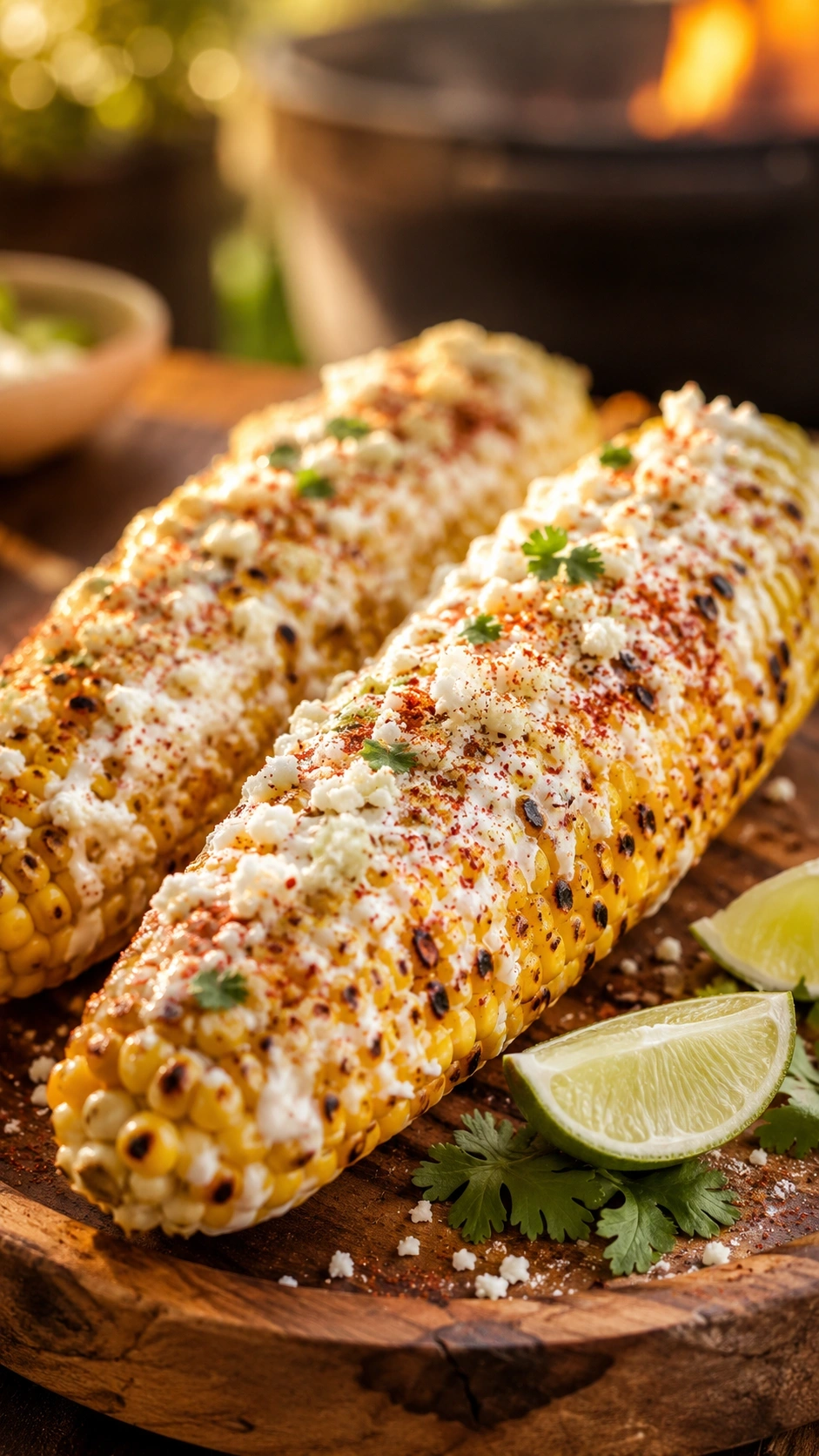 Authentic grilled Mexican street corn with creamy sauce, cotija cheese, and chili powder on a rustic wooden platter.
