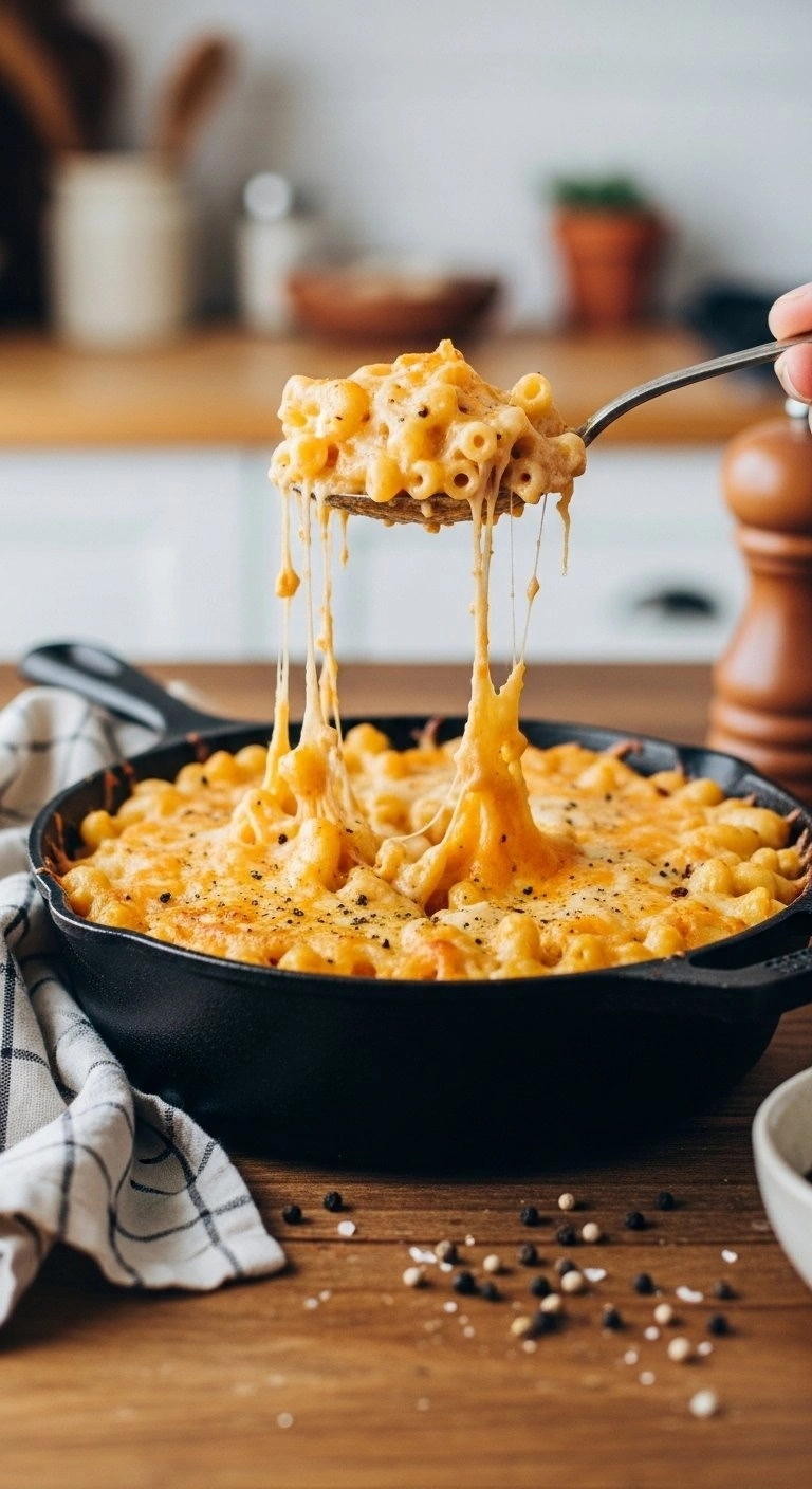 Baked Southern Macaroni And Cheese In A Cast-Iron Skillet With A Golden Crust And Creamy Cheese Pull On A Wooden Table.