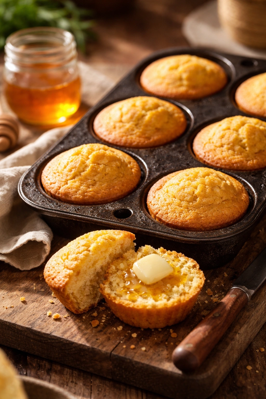 Baked golden-brown cornbread muffins in a cast iron pan, served with melting butter and honey on a wooden board.