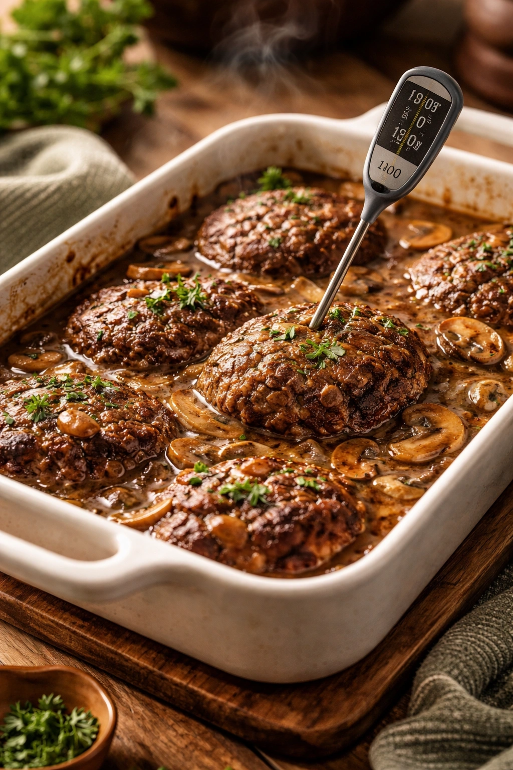 Baked hamburger steak casserole with bubbling mushroom gravy and a meat thermometer in a rustic kitchen setting.