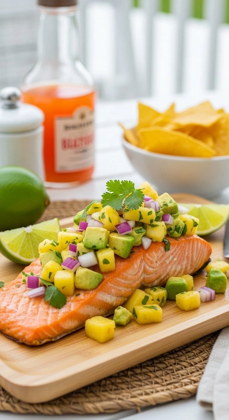 Baked Salmon With Vibrant Pineapple Avocado Salsa, Red Onion, And Cilantro On A Wooden Platter For A Fresh, Healthy Outdoor Meal.