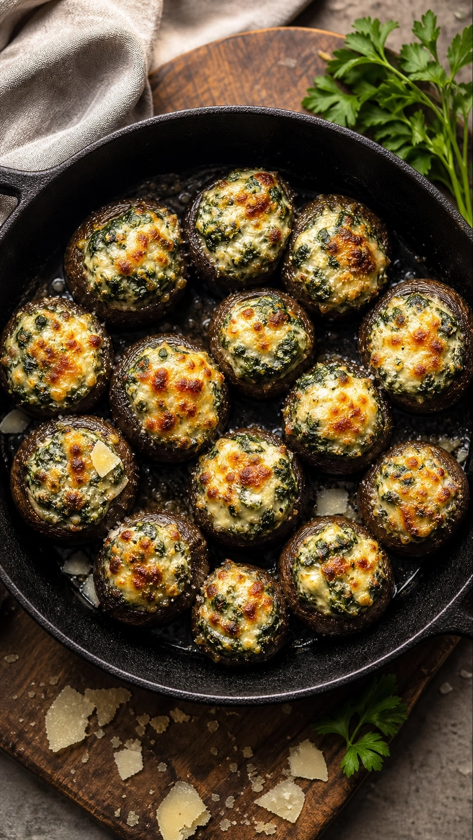 Baked stuffed cremini mushrooms with spinach and melted parmesan cheese in a rustic cast iron skillet.