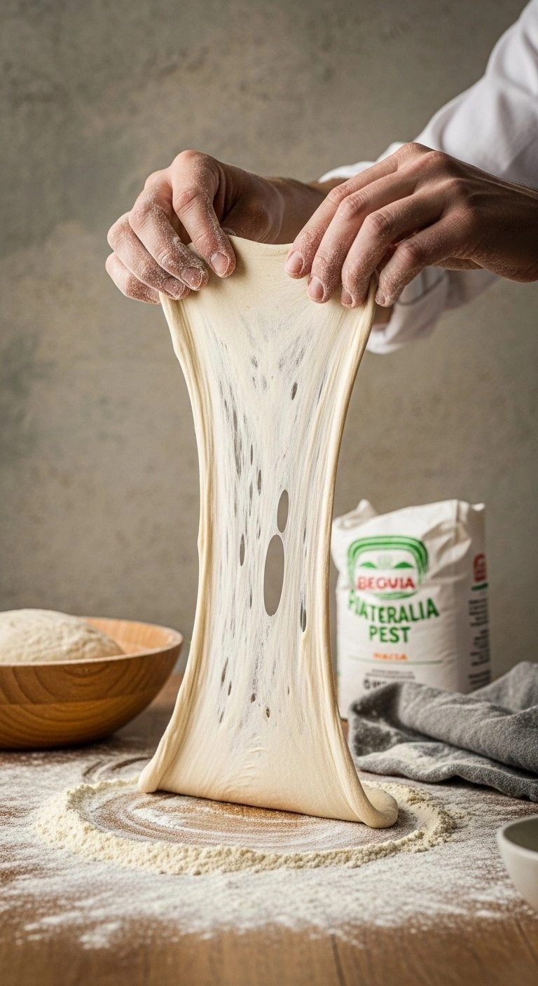 Baker's Hands Stretching Raw 00 Flour Pizza Dough To Perform A Gluten Windowpane Test In A Bright Kitchen Setting.