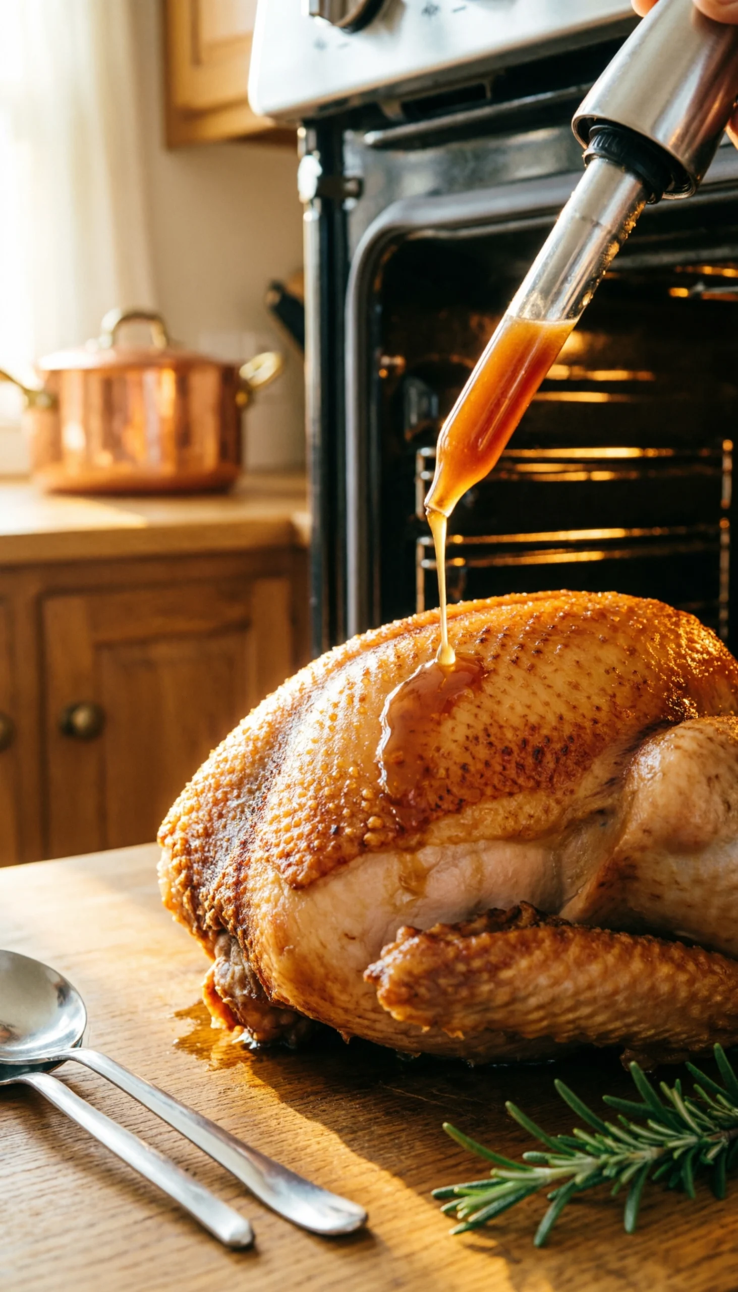 Basting a golden brown roasted turkey breast with savory pan juices using a metal baster for extra crispy skin.