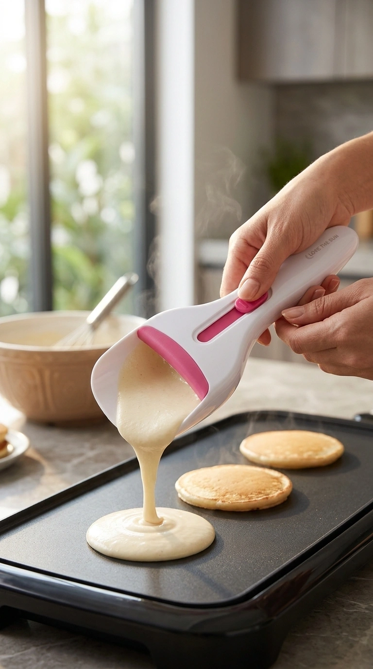 A Photo Of The Loke The Sun Batter Dispenser Pouring Batter Into A Muffin Tin.