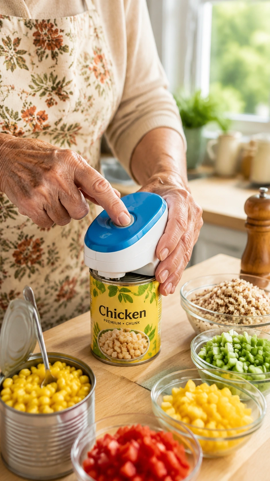 A Person Pressing The Button On The Befumly Electric Can Opener With Several Opened Cans In The Background.