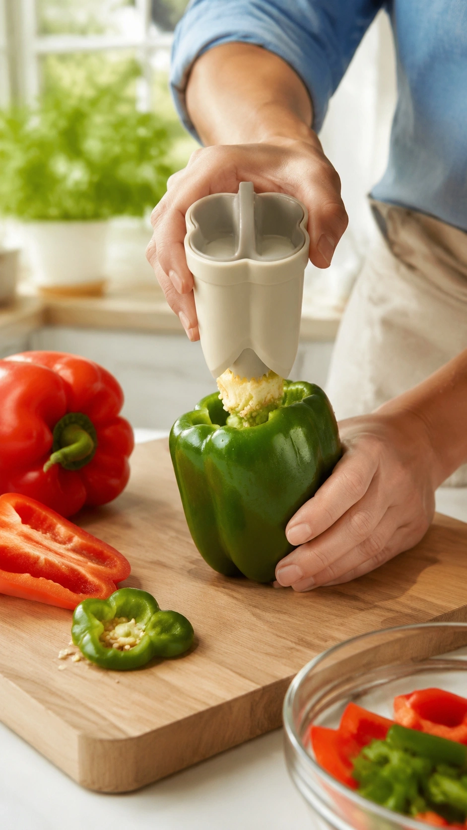 Testing Setup Showing The Beige 2-In-1 Corer Next To A Cutting Board Filled With Cored Bell Peppers, Jalapeños, And A Stopwatch