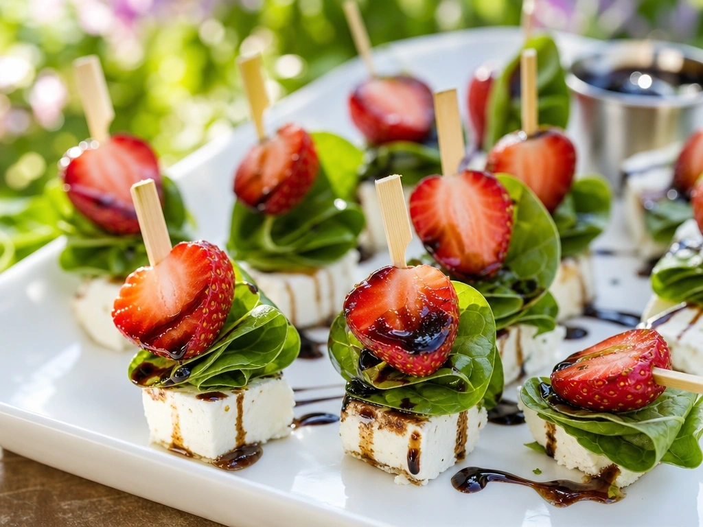 Bite sized strawberry and feta skewers with spinach and balsamic glaze on a white platter for a healthy summer snack.