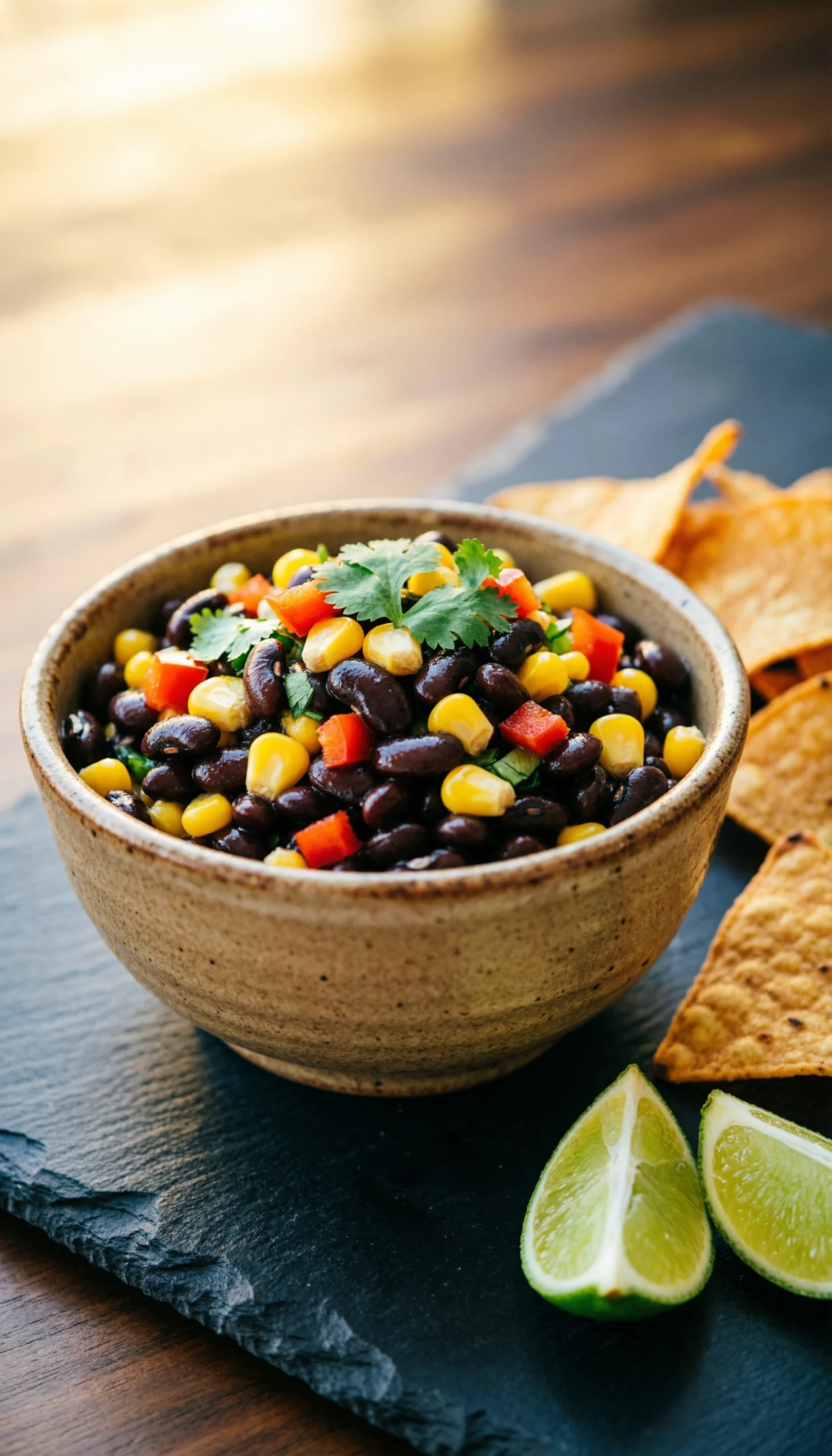 Black Bean And Corn Salsa With Red Peppers And Cilantro In A Stoneware Bowl Served With Crispy Tortilla Chips.