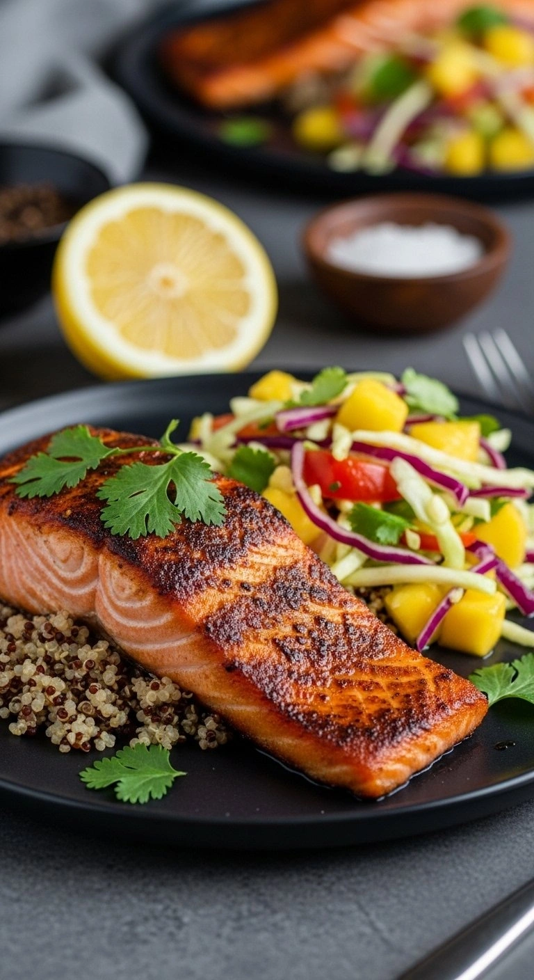 Blackened Salmon Fillet With Crispy Skin On A Bed Of Quinoa Served With Colorful Mango Slaw And Lemon On A Dark Plate.