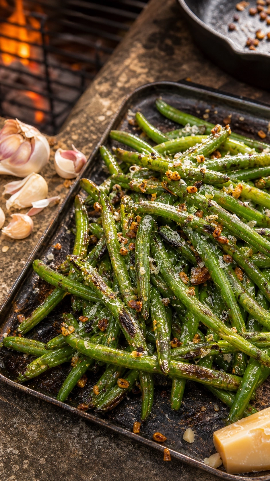 Blistered green beans with charred garlic and parmesan cheese on a rustic metal tray over a stone surface.