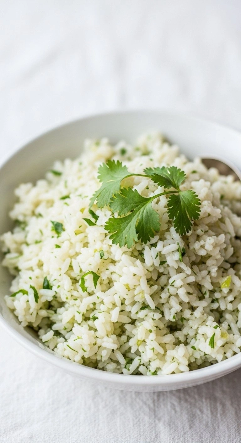 Bowl Of Fluffy Cilantro-Lime Rice Garnished With Fresh Cilantro Leaves On A White Tablecloth In Bright, Airy Lighting.