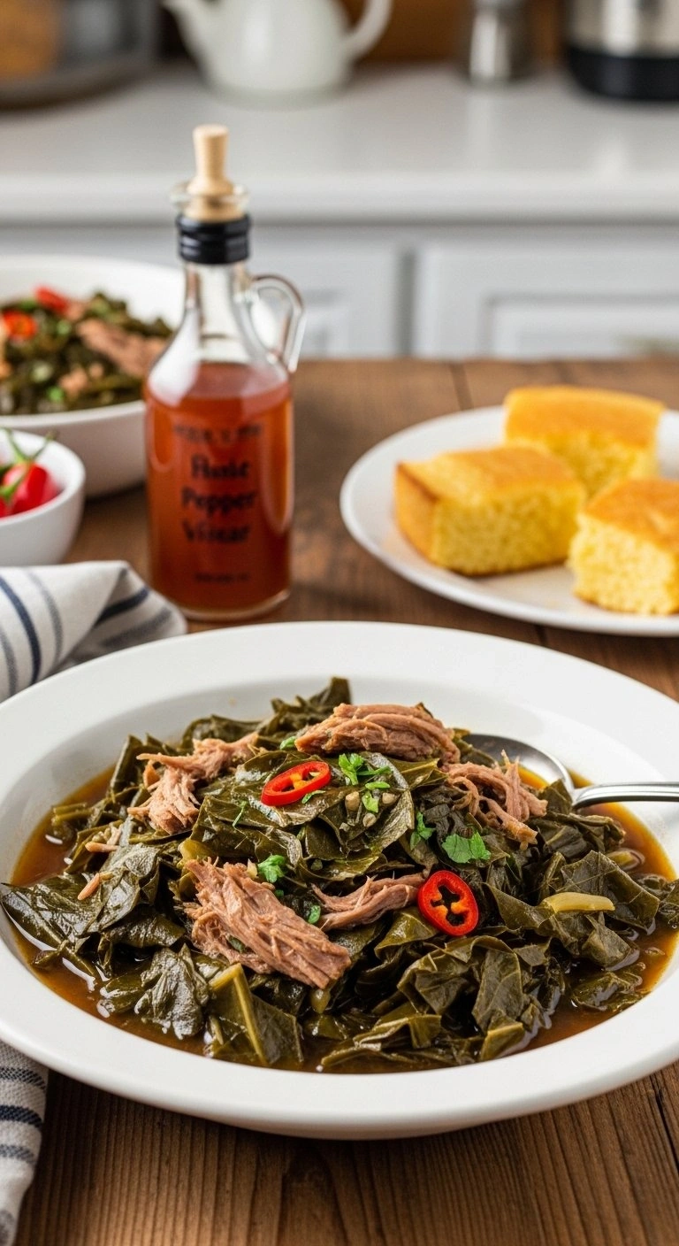 Braised Southern Collard Greens With Pulled Pork And Red Pepper Flakes In A Rich Pot Liquor On A Rustic Farmhouse Table.