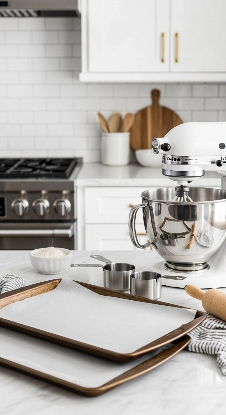 Bright Baking Station With Parchment-Lined Baking Sheets, Stand Mixer, Measuring Cups, Flour, And A Rolling Pin On A Marble Countertop.