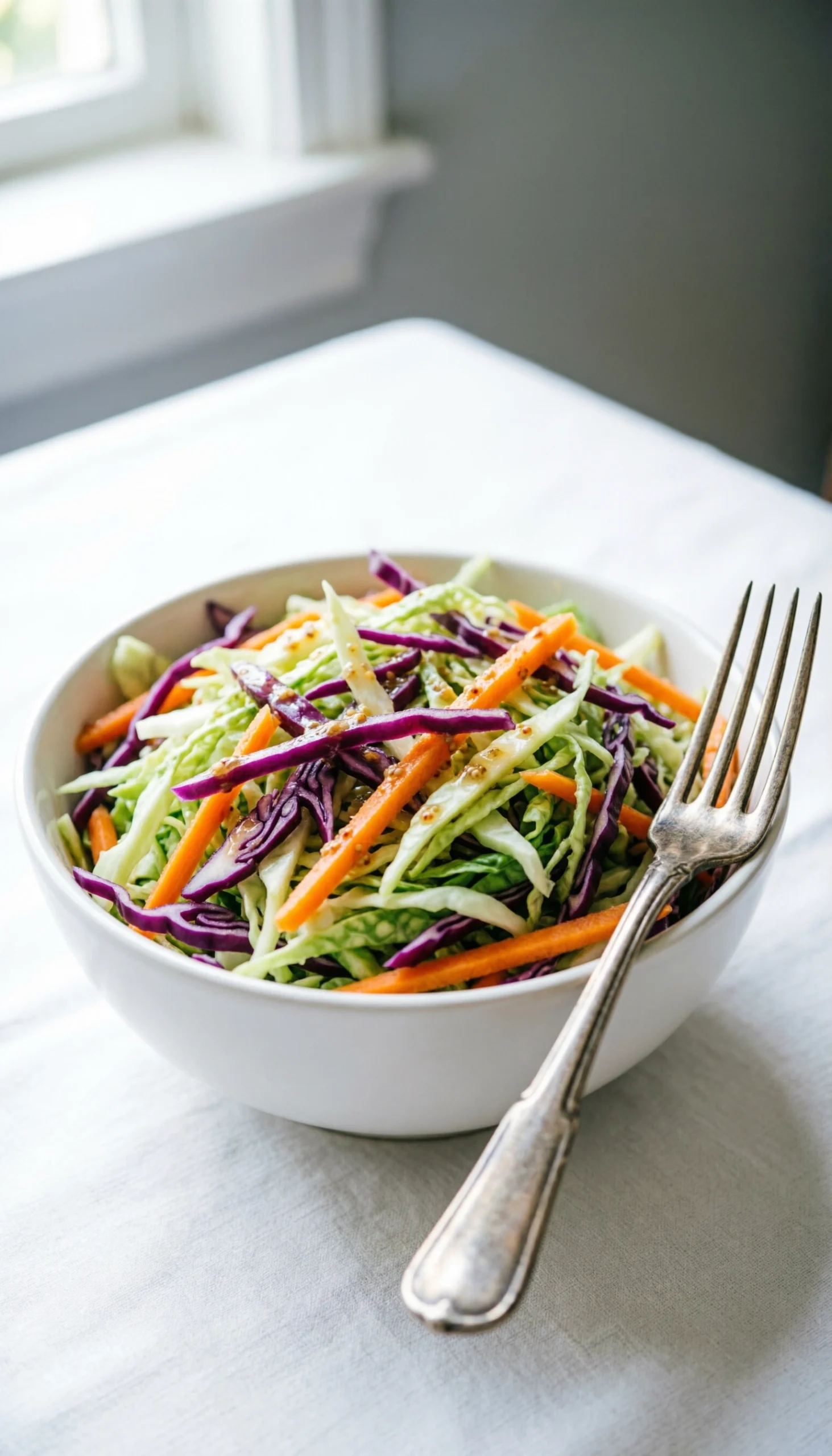 Bright, crunchy mayo-free coleslaw with shredded green and purple cabbage, julienned carrots, tossed in a cider vinegar dressing.