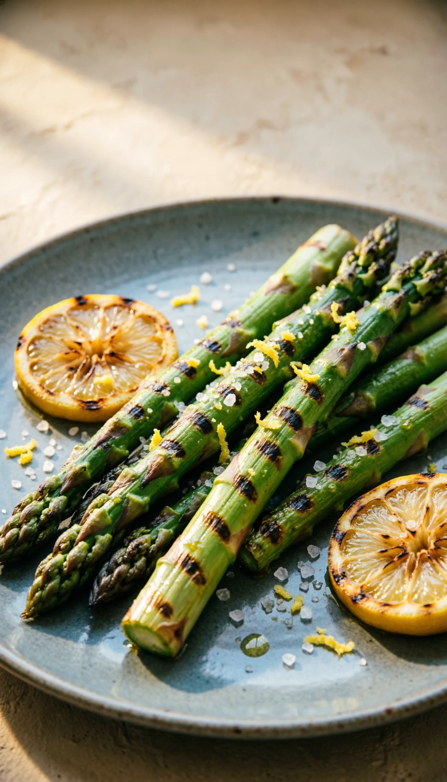 Bright green, smoky grilled asparagus spears on a vintage ceramic plate, seasoned with coarse sea salt and fresh lemon zest.