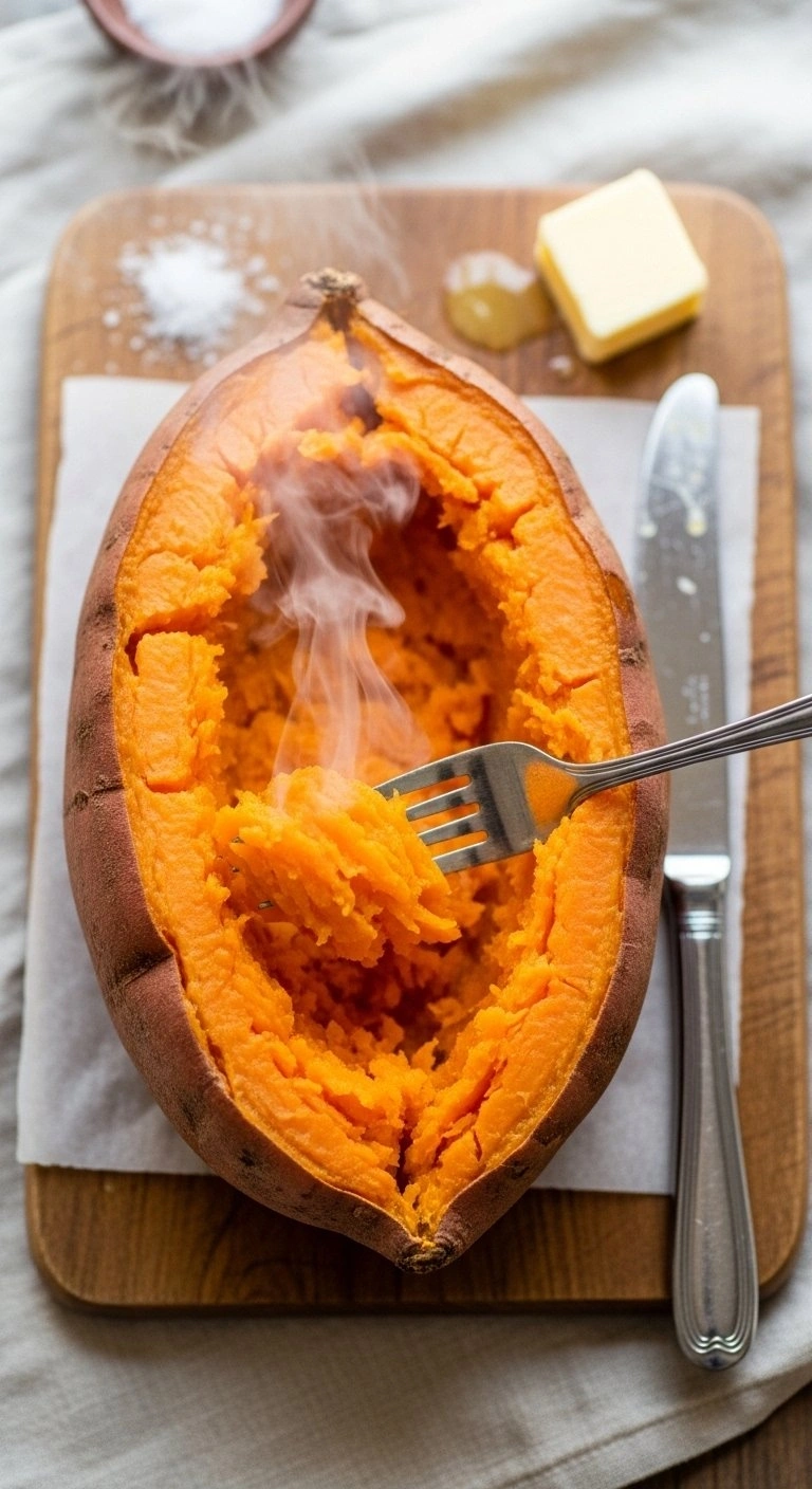 Bright Orange, Steaming Roasted Sweet Potato Flesh Is Gently Mashed With A Silver Fork On A Rustic Wooden Board.