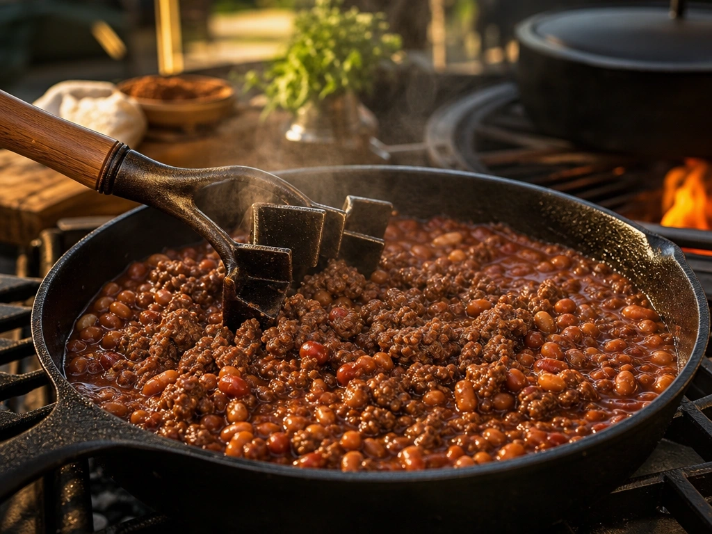 Browning hearty ground beef in a seasoned cast iron skillet with rising steam for a homemade baked beans recipe.