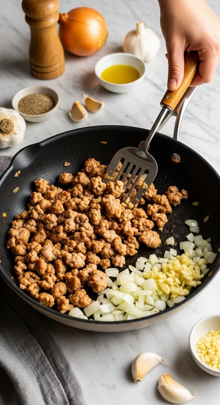 Browning Lean Ground Turkey In A Skillet With Sautéed Onions And Garlic On A Professional Marble Countertop.