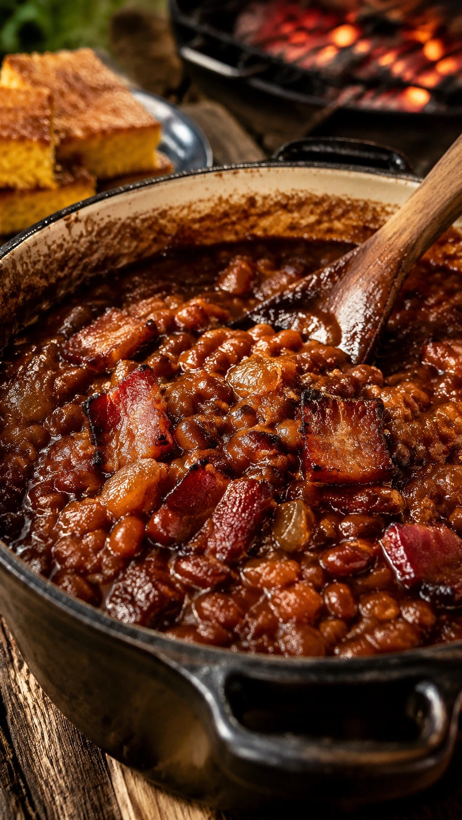 Bubbling Southern baked beans with bacon and onions in a heavy enamel Dutch oven, ready for a barbecue.