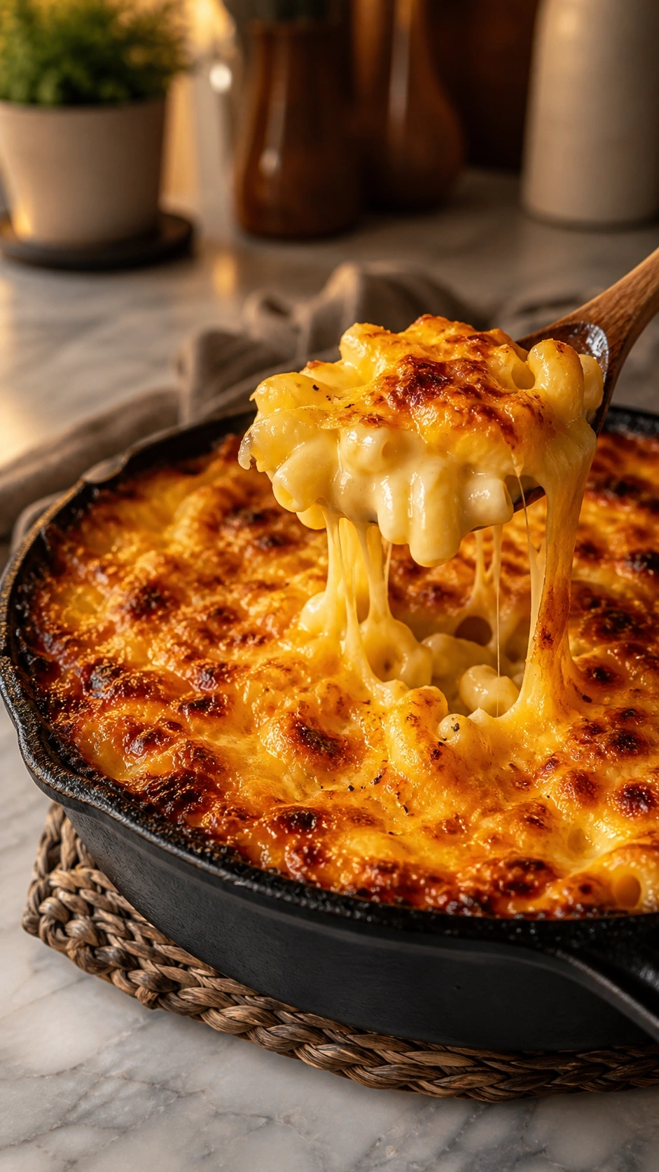 Bubbling baked mac and cheese with a golden crispy cheese crust in a cast iron skillet, with a wooden spoon scooping.