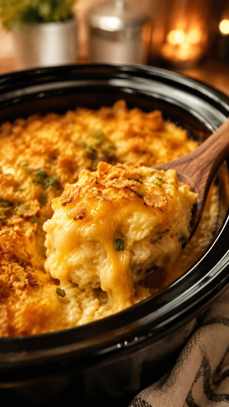 Bubbling crockpot cheesy hashbrown casserole with melted cheddar and crispy cornflake crust, served with a wooden spoon.
