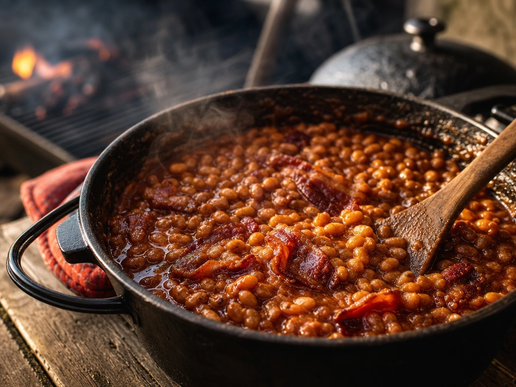 Bubbling homemade baked beans with crispy bacon in a rustic cast iron skillet on a wooden table, ideal for an outdoor grill party.