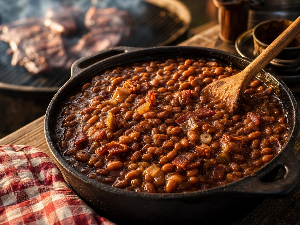 Bubbling homestyle baked beans with bacon and molasses glaze served in a rustic cast iron skillet on a BBQ table.