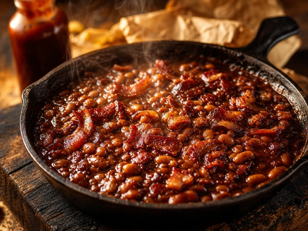 Bubbling smoky BBQ baked beans with crispy bacon in a rustic cast-iron skillet on a charred wooden plank, evoking comfort.