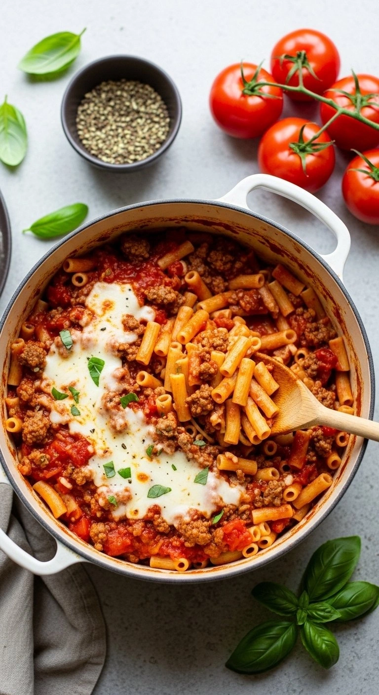 Bubbling Tomato And Herb Hamburger Casserole In An Enameled Cast Iron Dutch Oven With A Wooden Spoon And Basil.