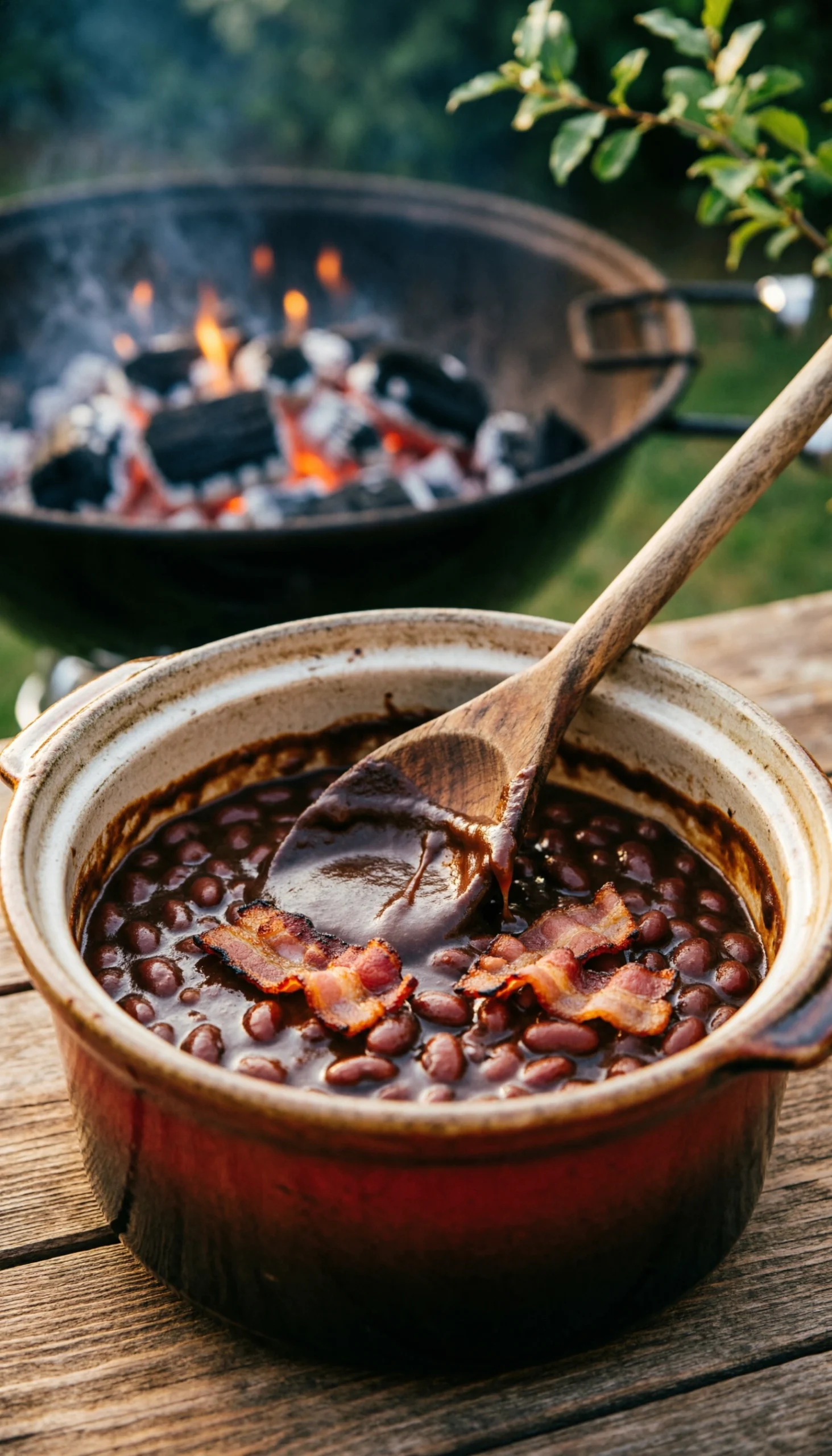 Bubbly baked beans with visible bacon in a ceramic Dutch oven with a wooden spoon, perfect for a cookout.