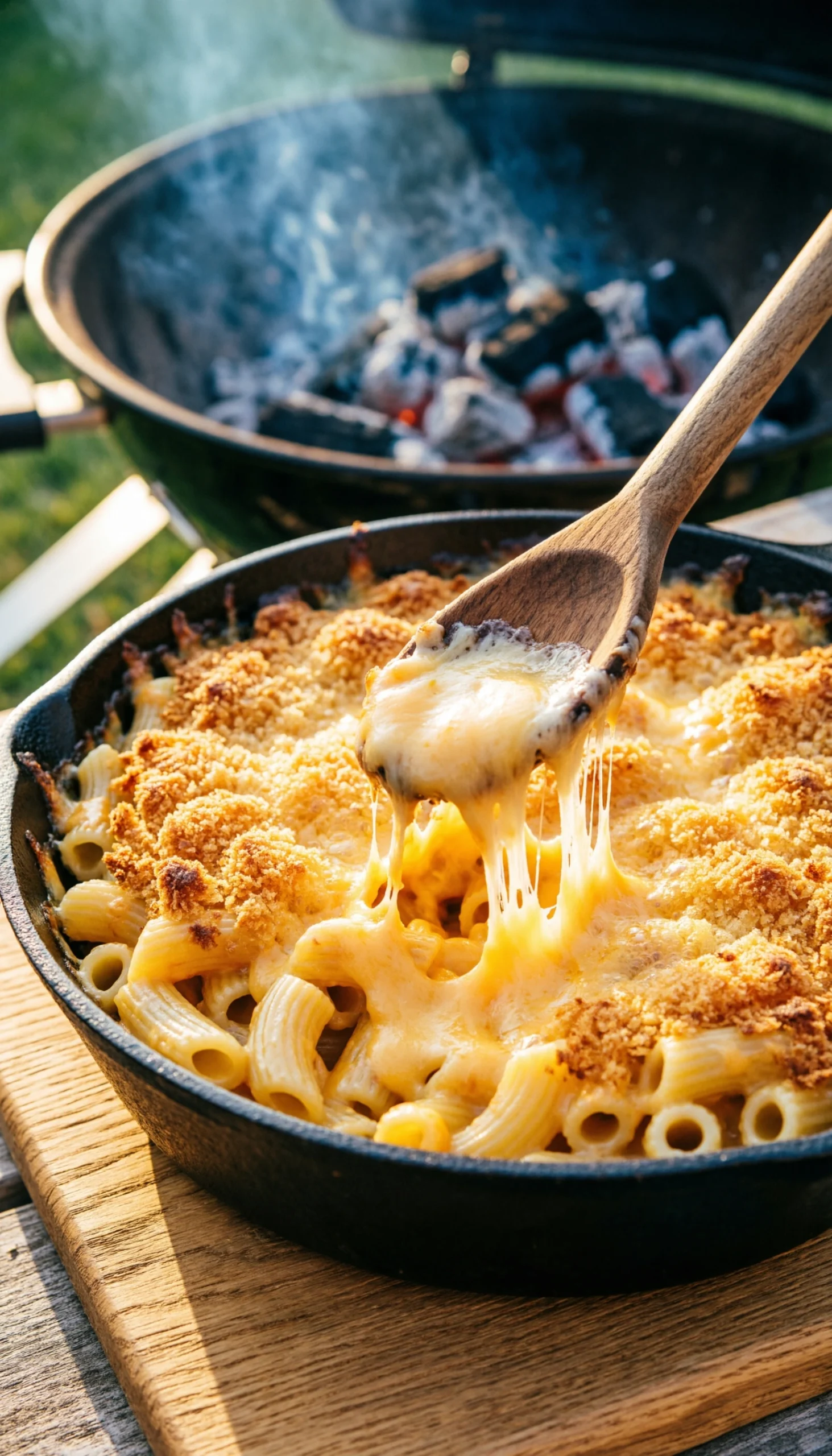 Bubbly baked macaroni and cheese with a golden breadcrumb crust in a rustic cast iron skillet on a wooden trivet.