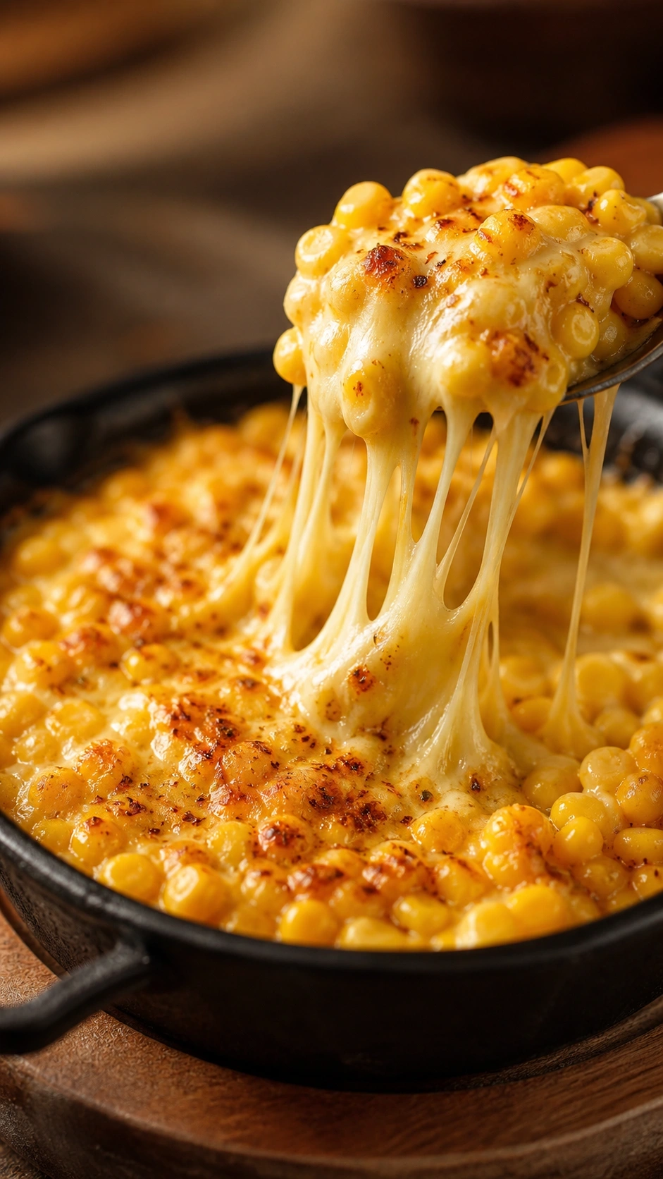 Bubbly, golden-brown Korean corn cheese with melted mozzarella and a satisfying cheese pull in a cast-iron skillet.