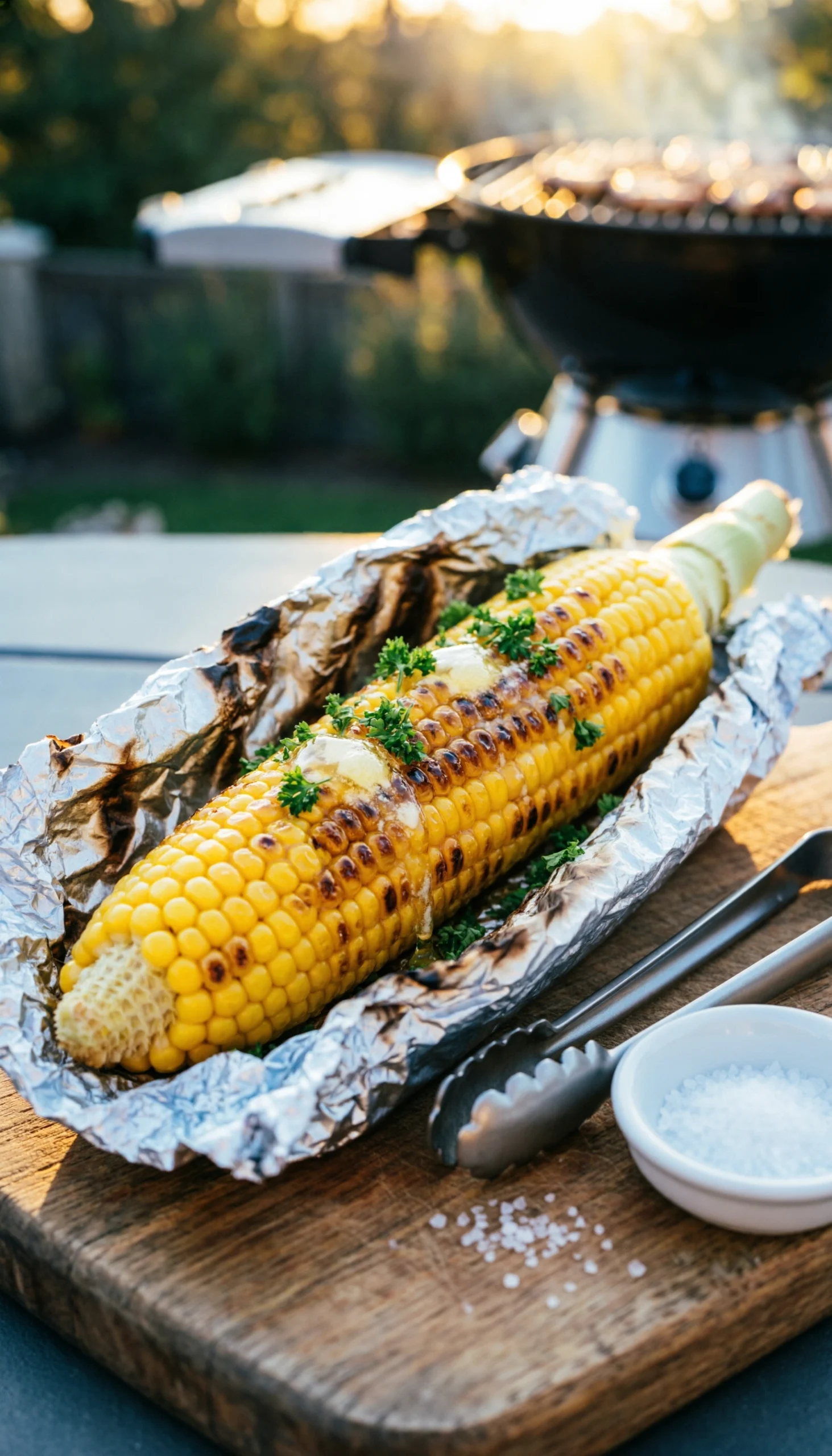 Buttered grilled corn on the cob with char marks and fresh parsley on a rustic wooden cutting board at a BBQ.