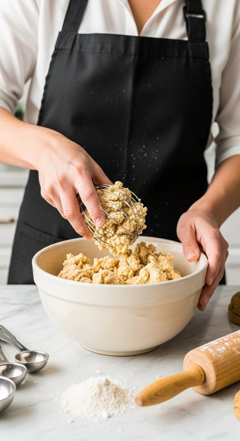 Buttery Cookie Dough Being Mixed In A White Ceramic Bowl On A Marble Countertop With A Wooden Rolling Pin Nearby.