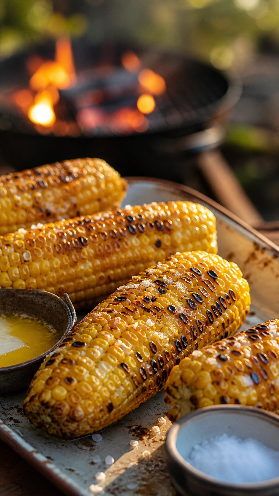 Buttery grilled corn on the cob with char marks and sea salt served on a rustic vintage metal tray.