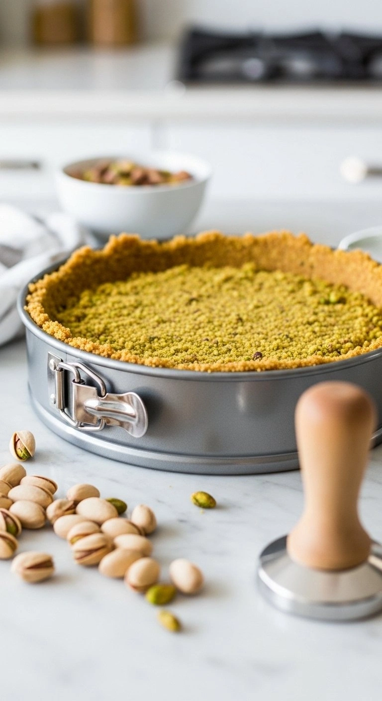 Buttery Pistachio And Graham Cracker Crust Pressed Into A Metal Springform Pan On A Marble Countertop For Baking.