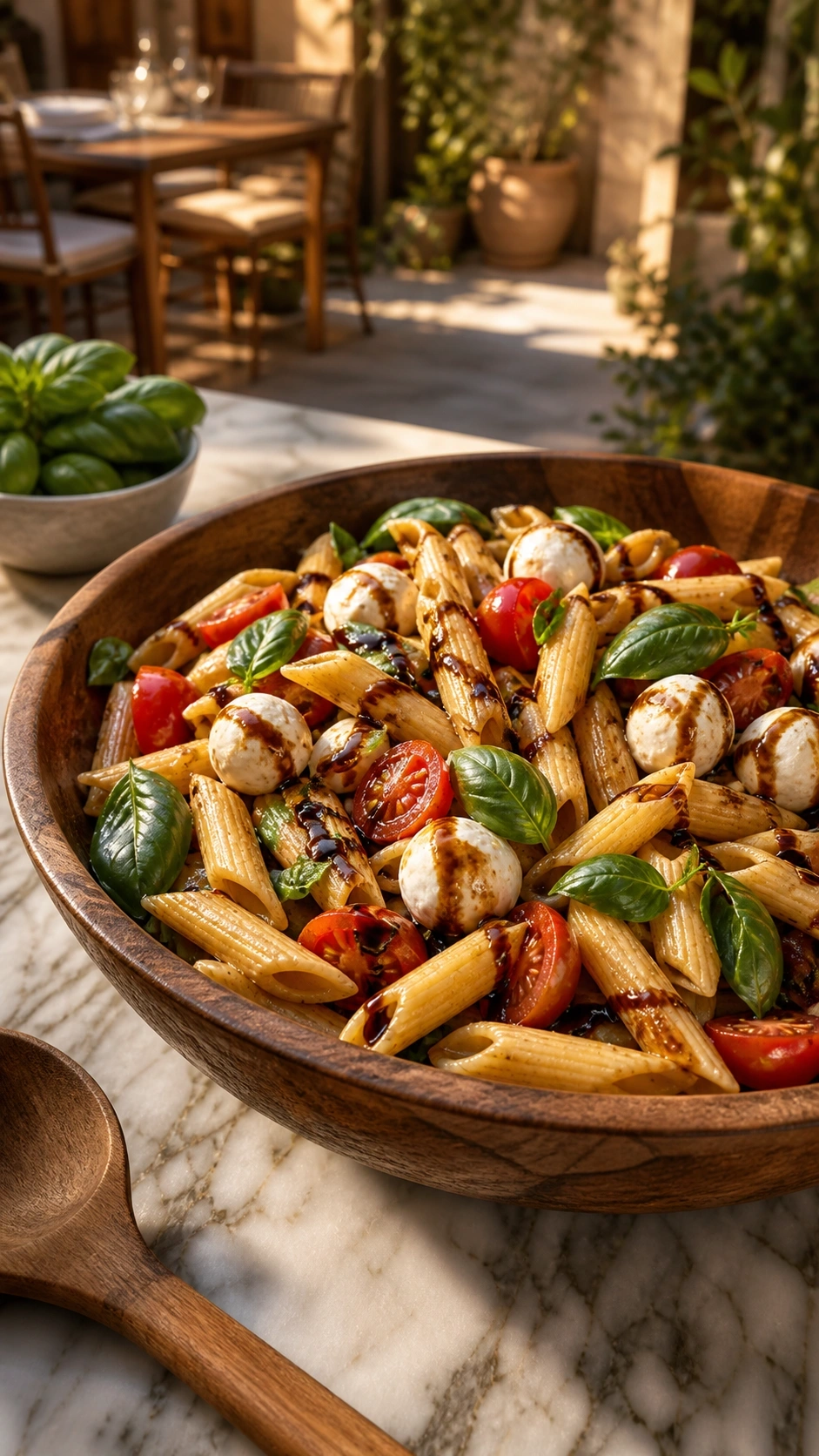 Caprese penne pasta salad with fresh mozzarella pearls, basil, and a balsamic glaze drizzle in a rustic wooden bowl.