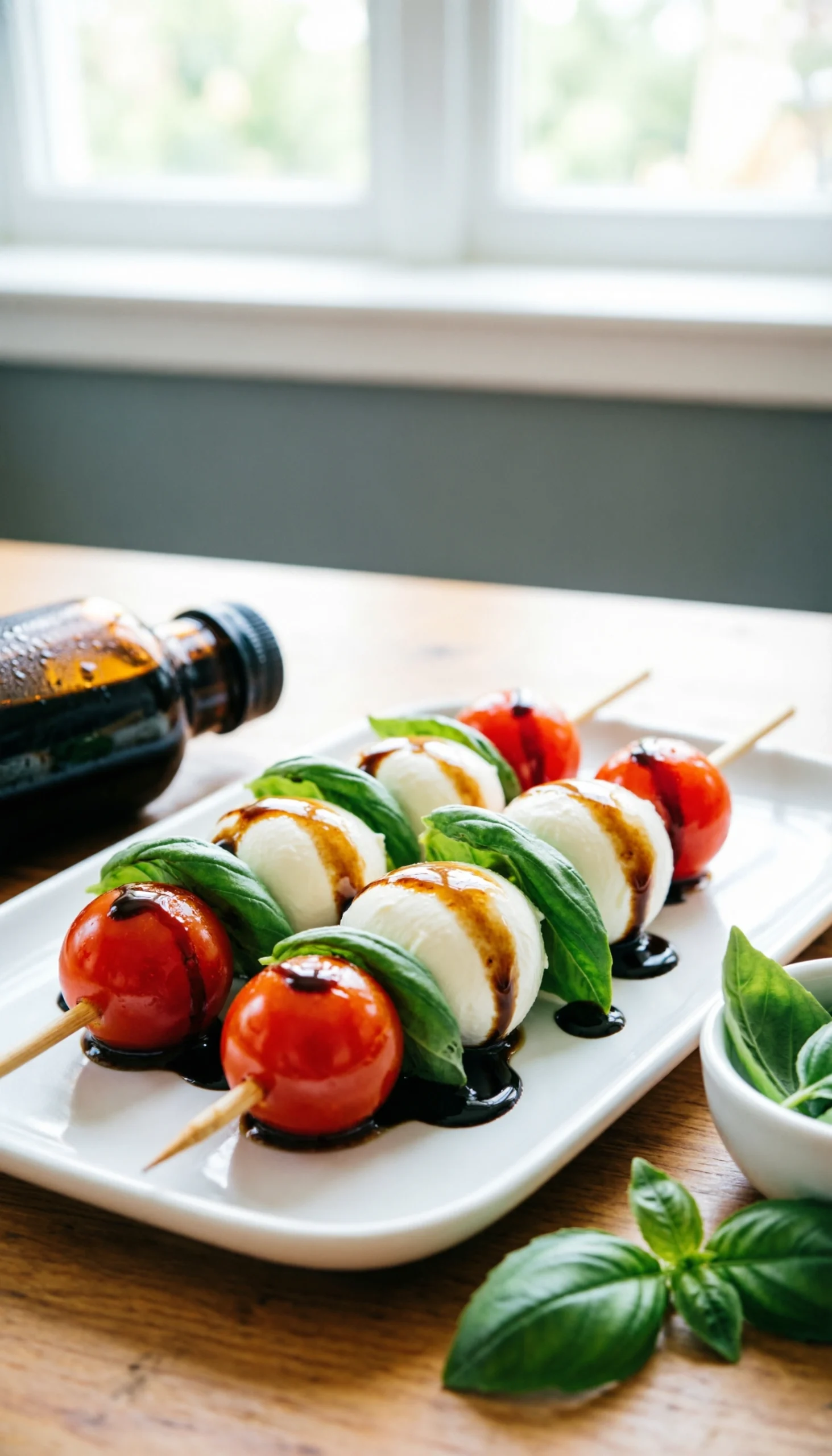 Caprese Salad Skewers With Cherry Tomatoes, Mozzarella, And Basil Drizzled In Balsamic Glaze On A White Platter.