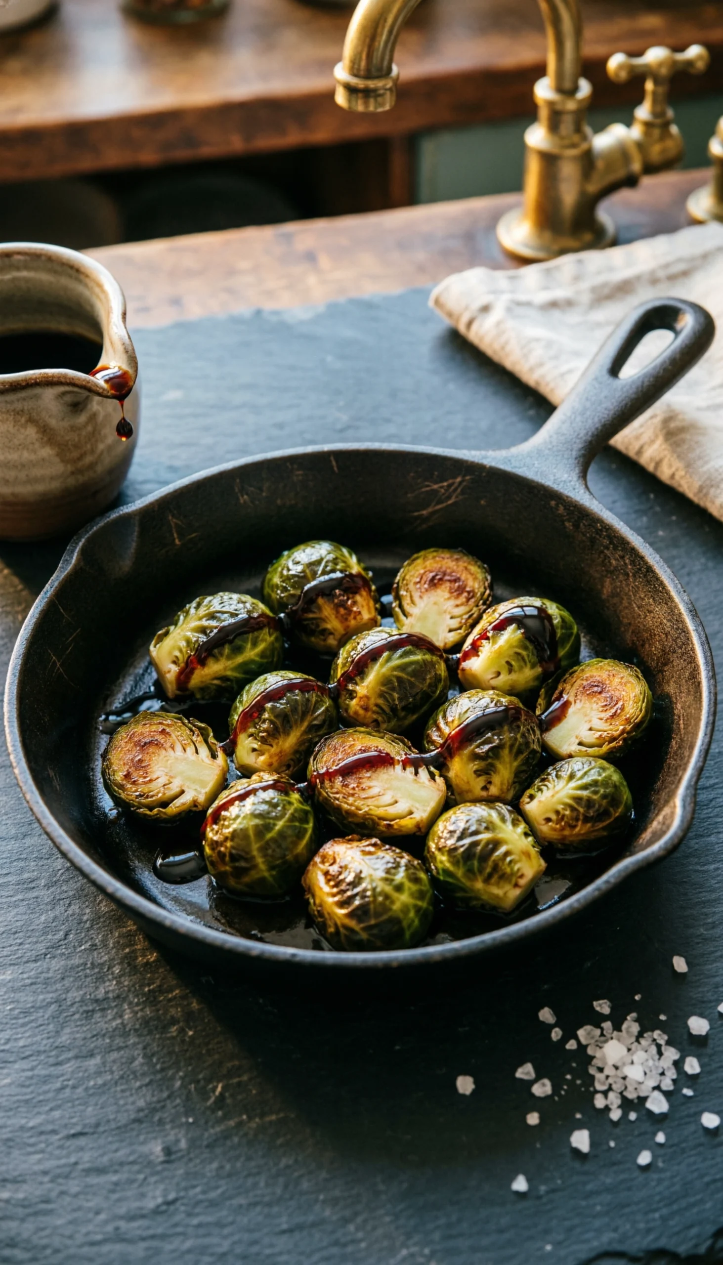 Caramelized roasted Brussels sprouts with a balsamic glaze reduction in a dark cast iron skillet on a slate surface.