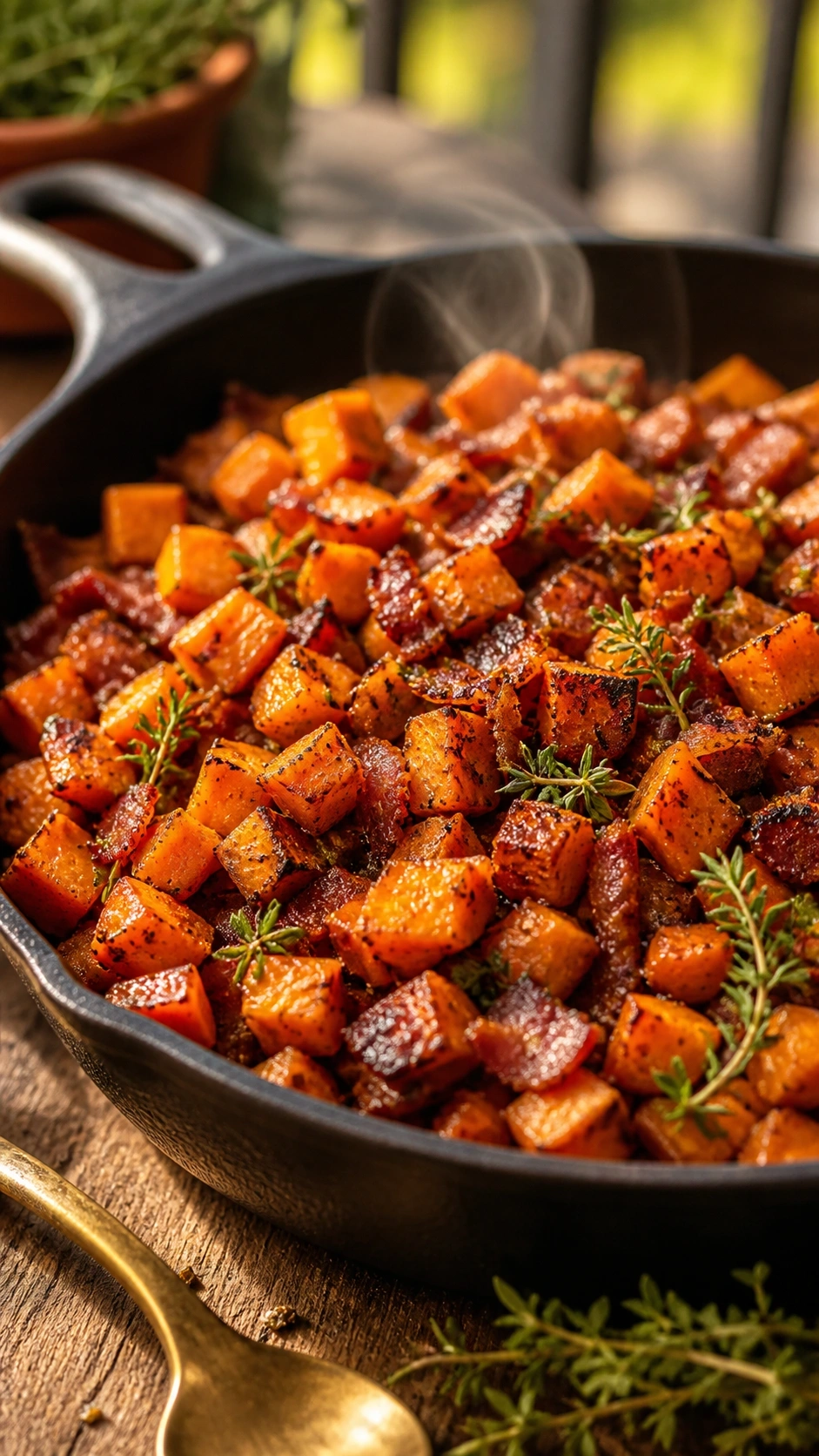 Caramelized sweet potato hash with bacon and thyme in a rustic cast-iron skillet on a wooden kitchen table.