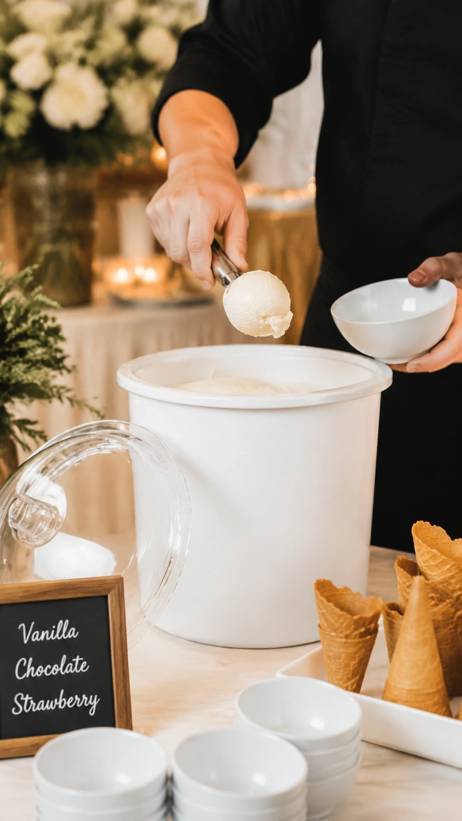 A Digital Thermometer Inside A 3-Gallon Tub Of Ice Cream Housed Within The Carlisle Coldmaster Server At An Outdoor Catering Event.