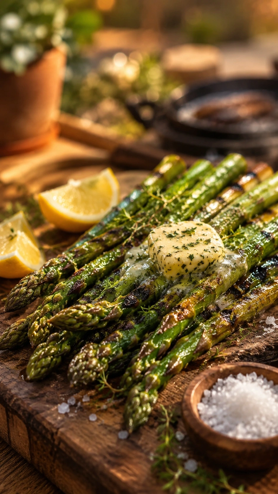 Charred grilled asparagus spears with melting garlic herb butter and sea salt on a rustic wooden board with lemons.