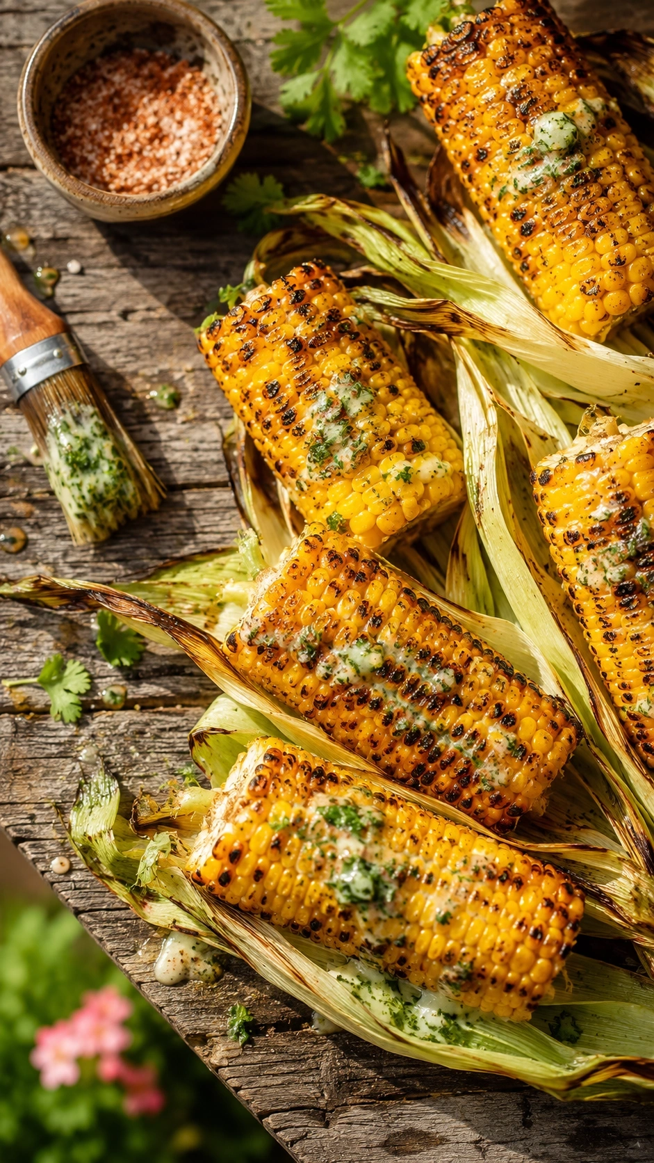 Charred grilled corn on the cob slathered in melting herb butter served on husks on a rustic wooden picnic table.